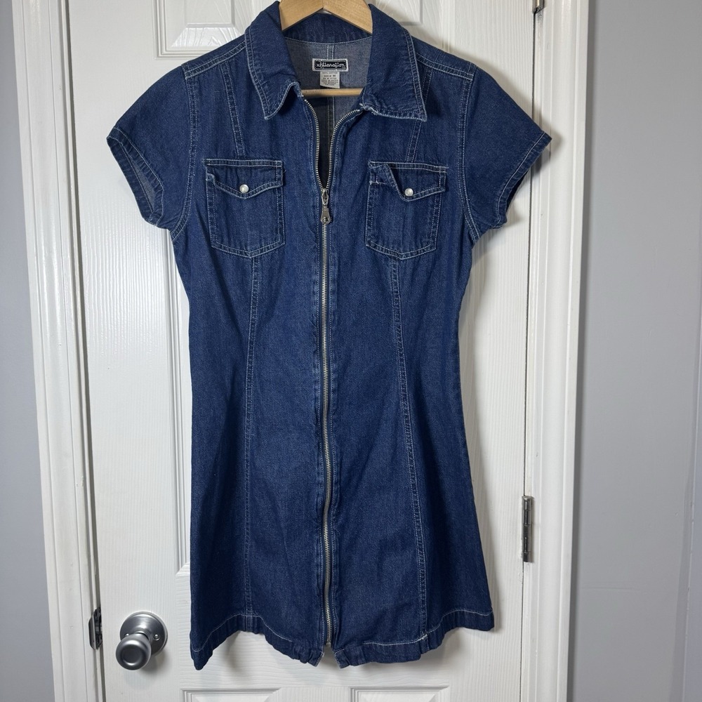 Xhilaration Y2K Women Blue SS Size Medium Pearl Snap Zip 90s Denim Dress Jean‎
